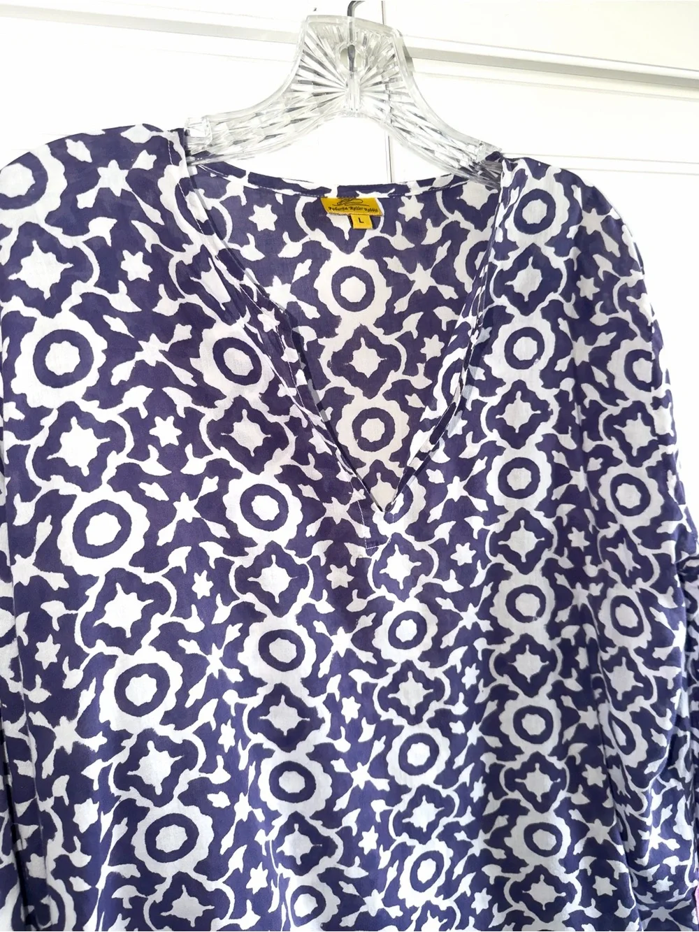 Roller Rabbit Blue Geometric Swim Cover-Up Tunic with Pink Trim Large Pool Beach